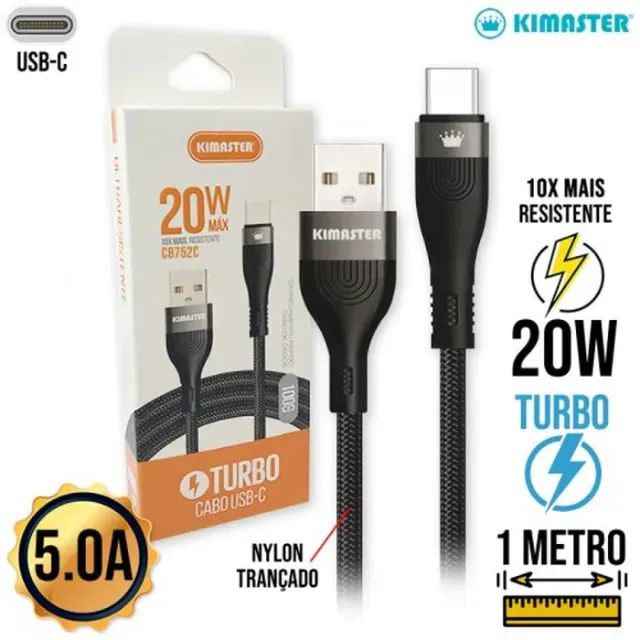 CABO TURBO USB-C 20W KIMASTER - CB752C | RESISTENTE, RÁPIDO E SEGURO