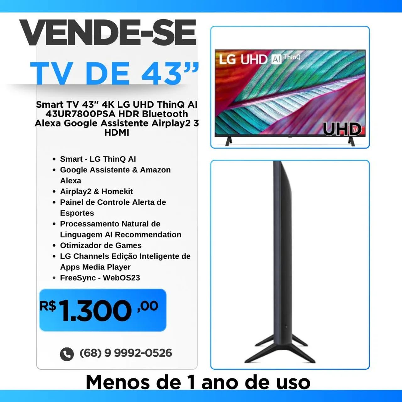 TV 43?, LG, Menos de 1 ano de uso. Sem defeitos.