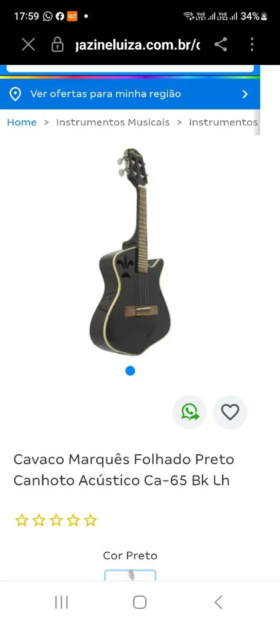 Cavaco Marquês Folhado Preto Canhoto Acústico Ca-65 Bk Lh