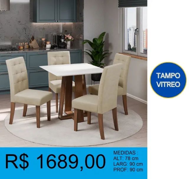 Mesa de jantar 90x90 cadeiras estofadas - Entrega e montagem inclusa