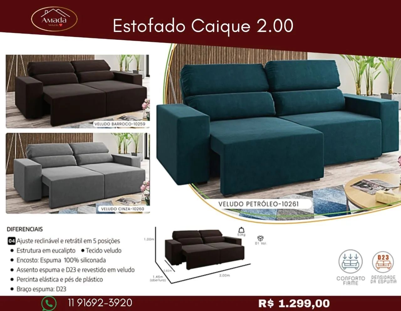 Sofá Retrátil Caique 2.00 - entrega em 3 Dias 