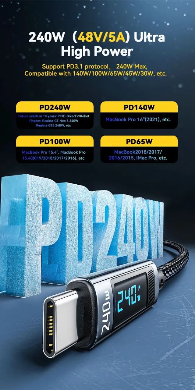 Cabo de 240w Essager com Display Digital - Carregamento Rápido - Foto 3