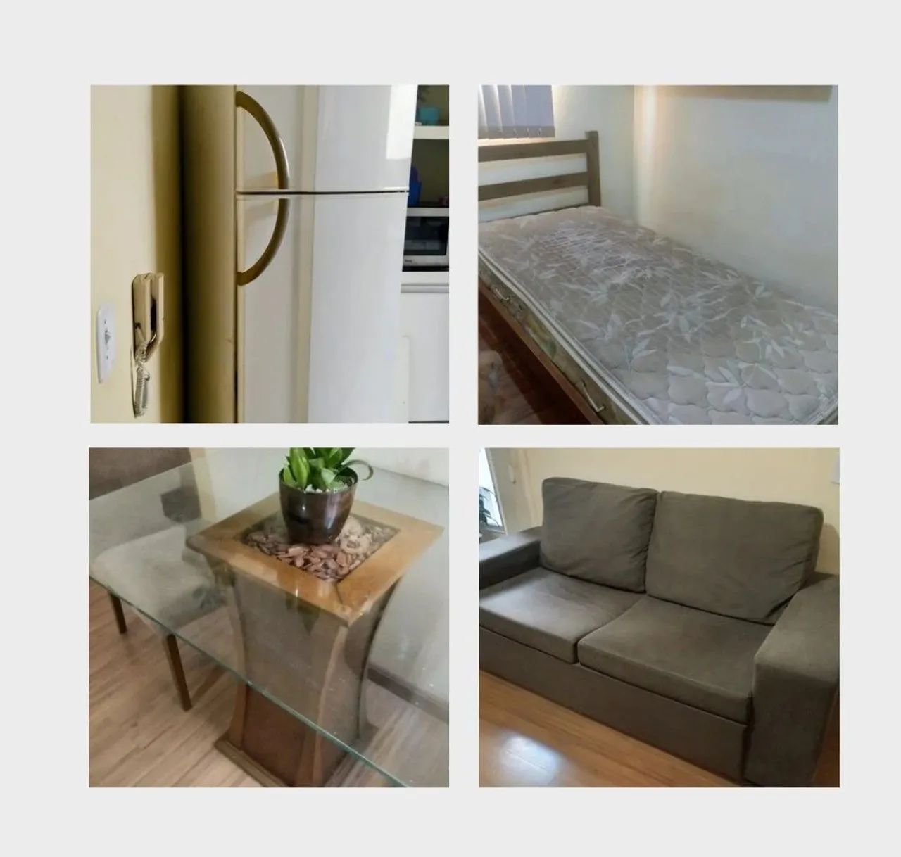 Rack, Sofá, geladeira, mesa, cama com colchão e outros moveis
