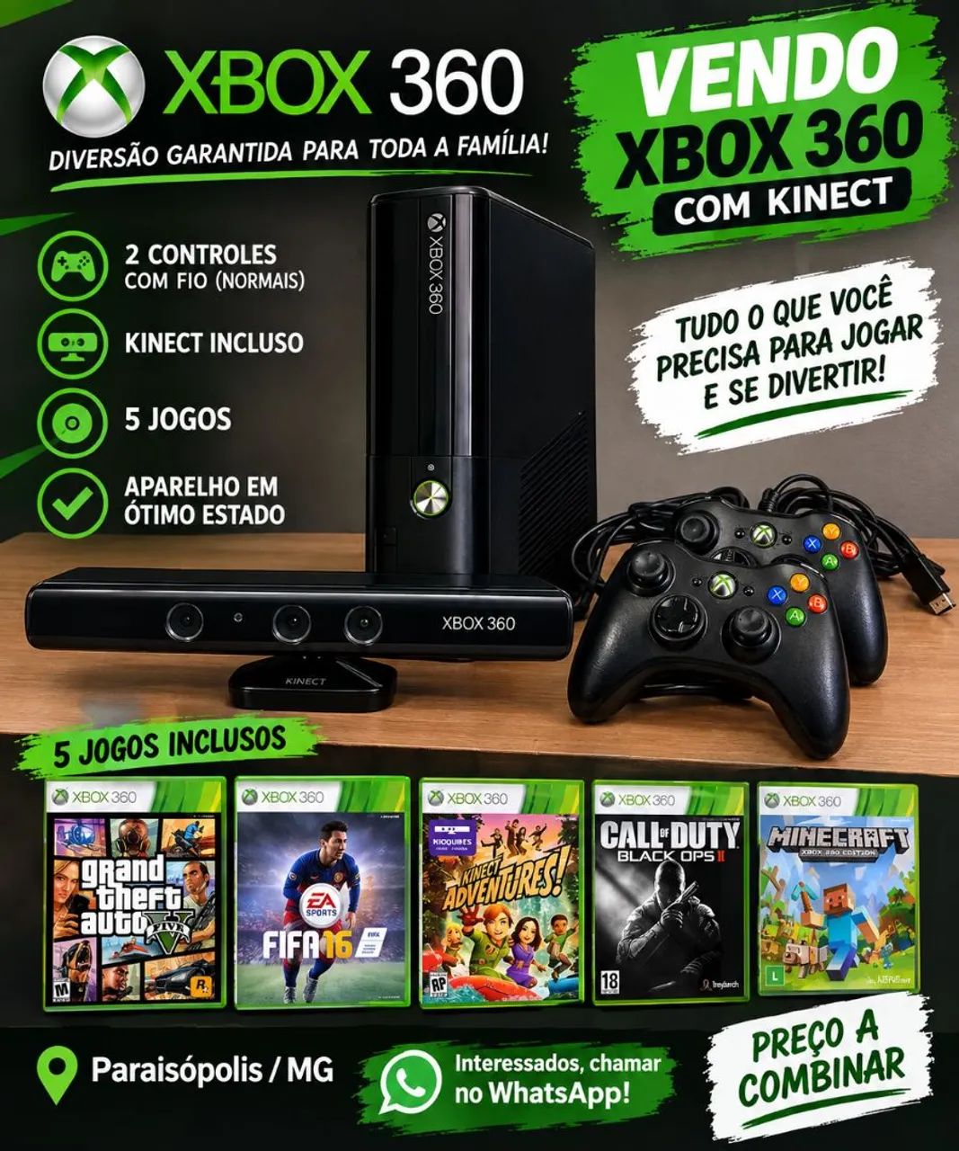 Xbox 360 com Kinect 2 controles + 5jogos 