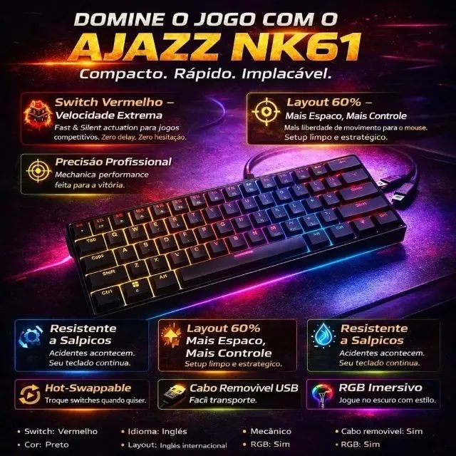 Teclado Mecânico AJAZZ NK61 Preto, Hot Swappable, Switch Red RGB