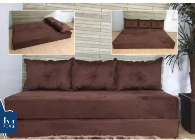 Sofá Cama Sofanete Multiuso c/ 3 Almofadas Sued Marrom - Entrega Rápida! 