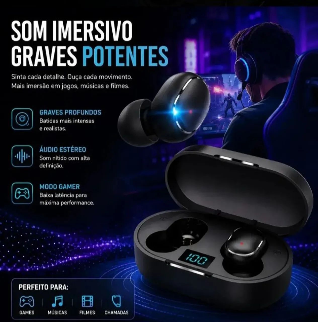 Fone de ouvido TWS Bluetooth sem Fio com Cancelamento de ruído com microfone  - Foto 3