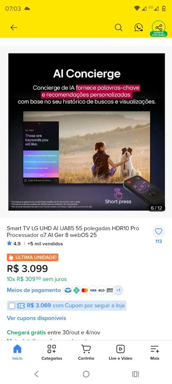 Vendo tv smartv LG 55 polegadas nova na caixa nunca usada 