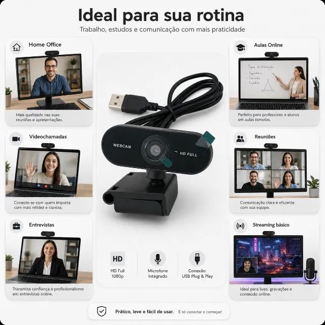 Webcam Full Hd 1080p Usb Microfone Pc Notebook Plug Play