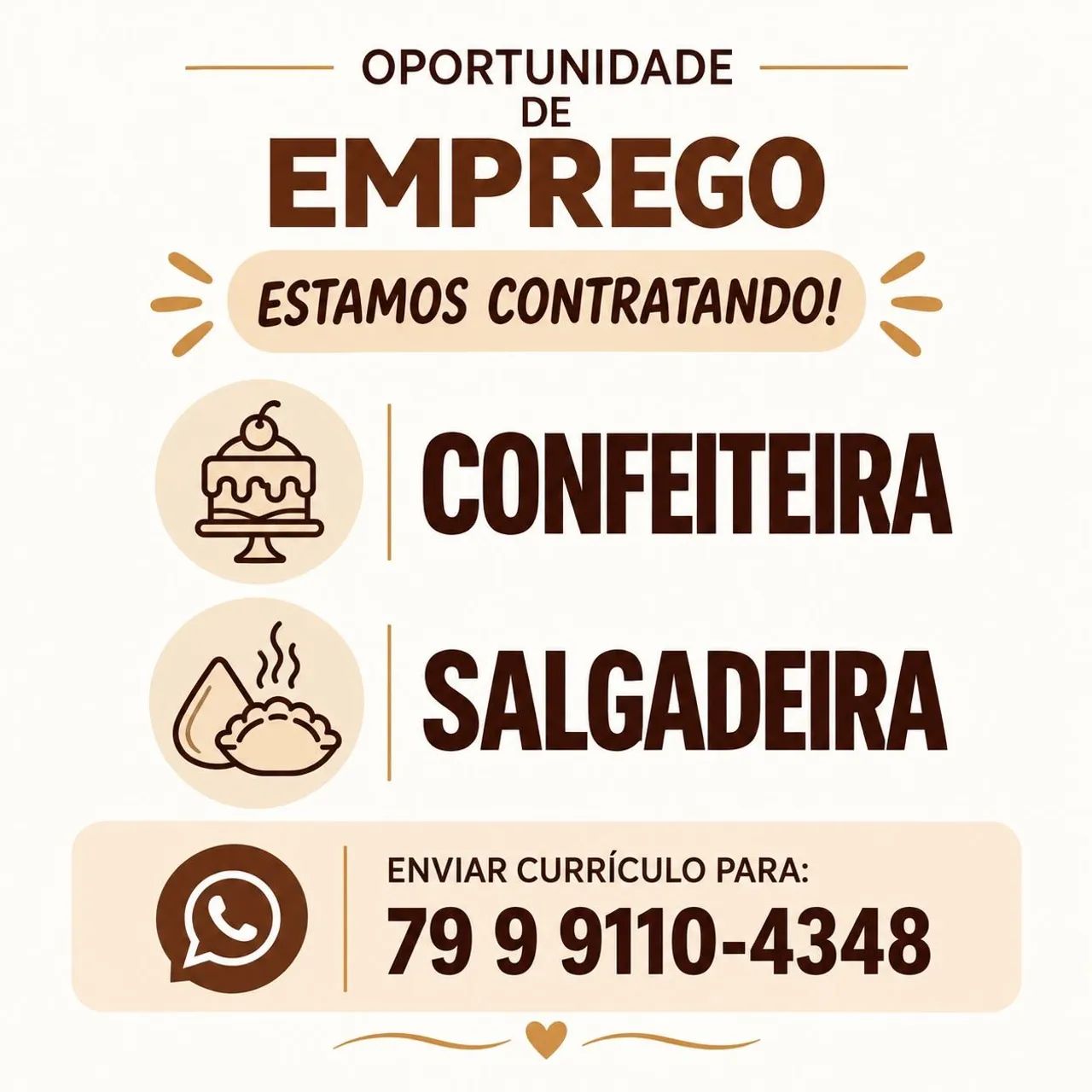 VAGA PARA CONFEITEIRA E SALGADEIRA