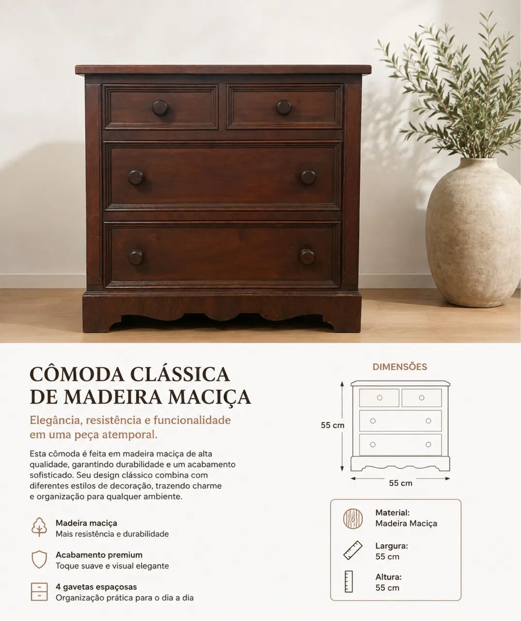Cômoda Clássica de Madeira Maciça - Foto 2
