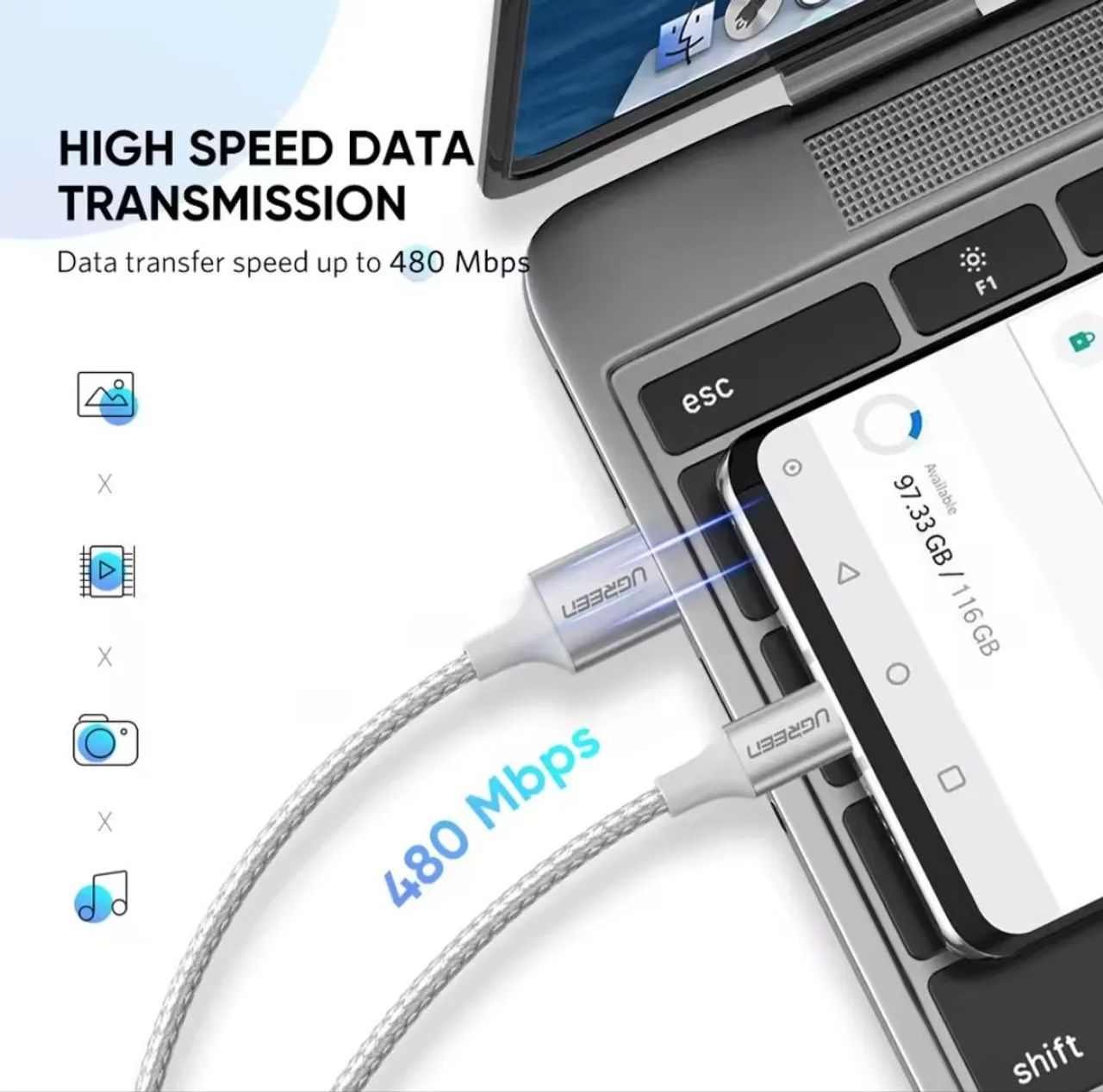 Cabo USB Ugreen Tipo A para C carga rápida 1M Branco - Foto 5