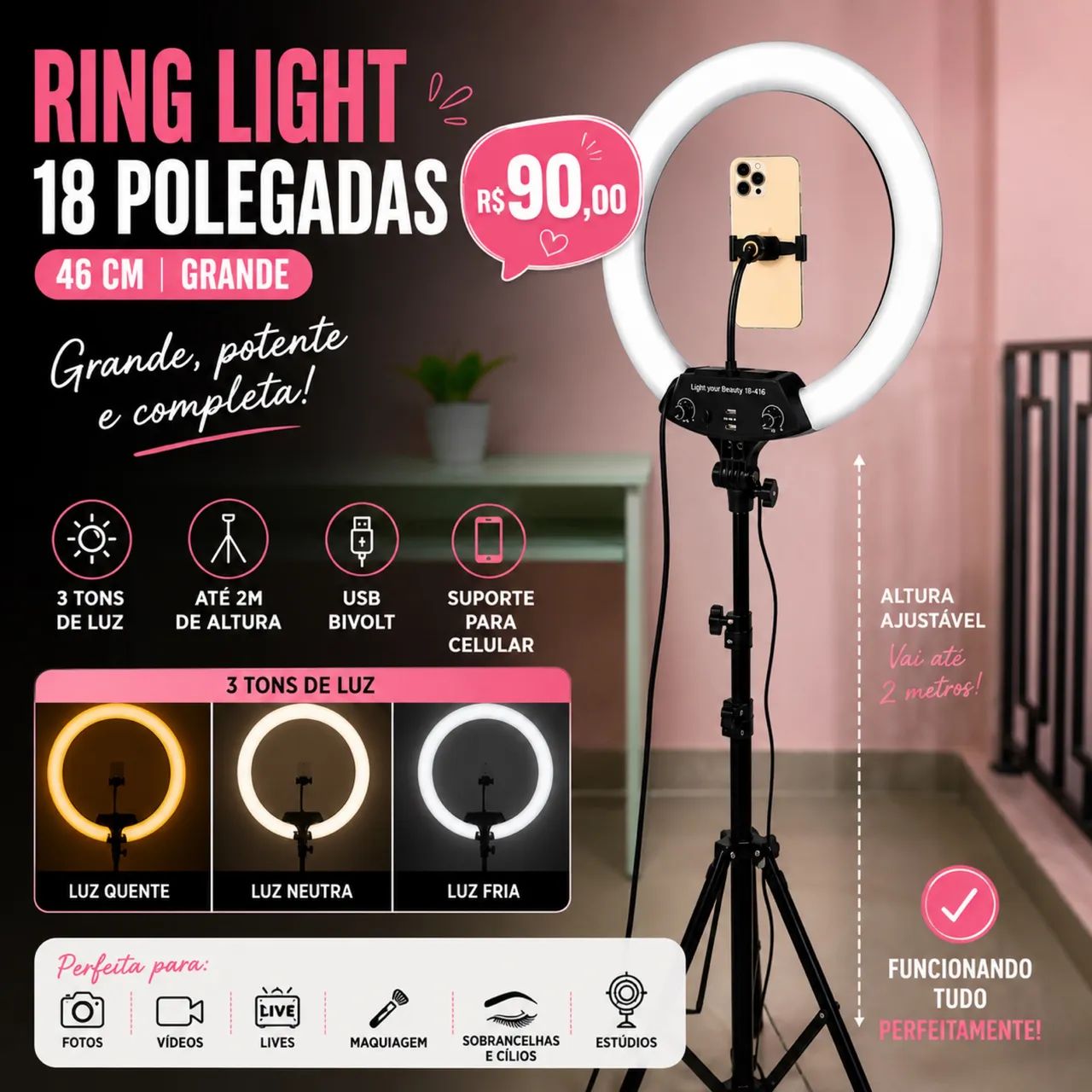 RING LIGHT 18 POLEGADAS / 46 CM Grande | Potente - Foto 2