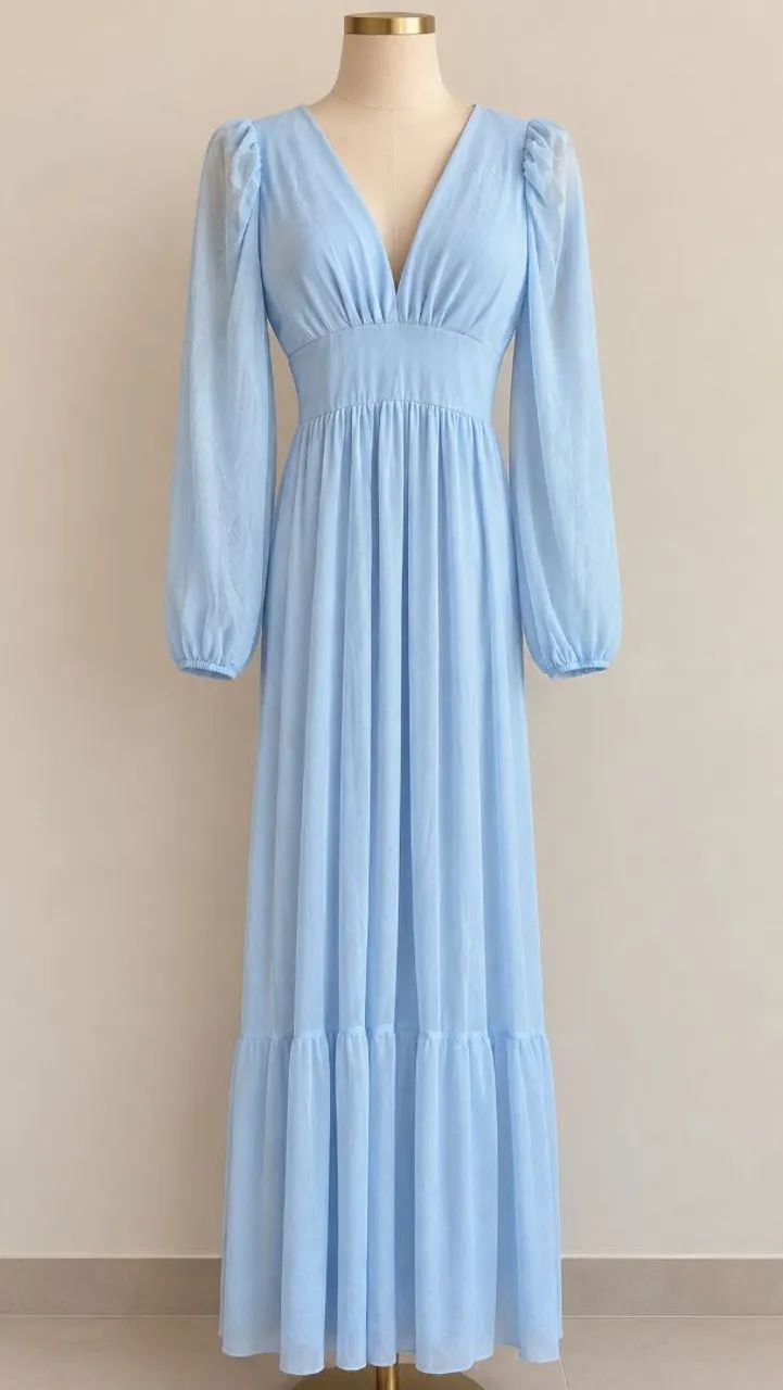 ? Vestido Longo Azul Serenity ? Elegante e Romântico