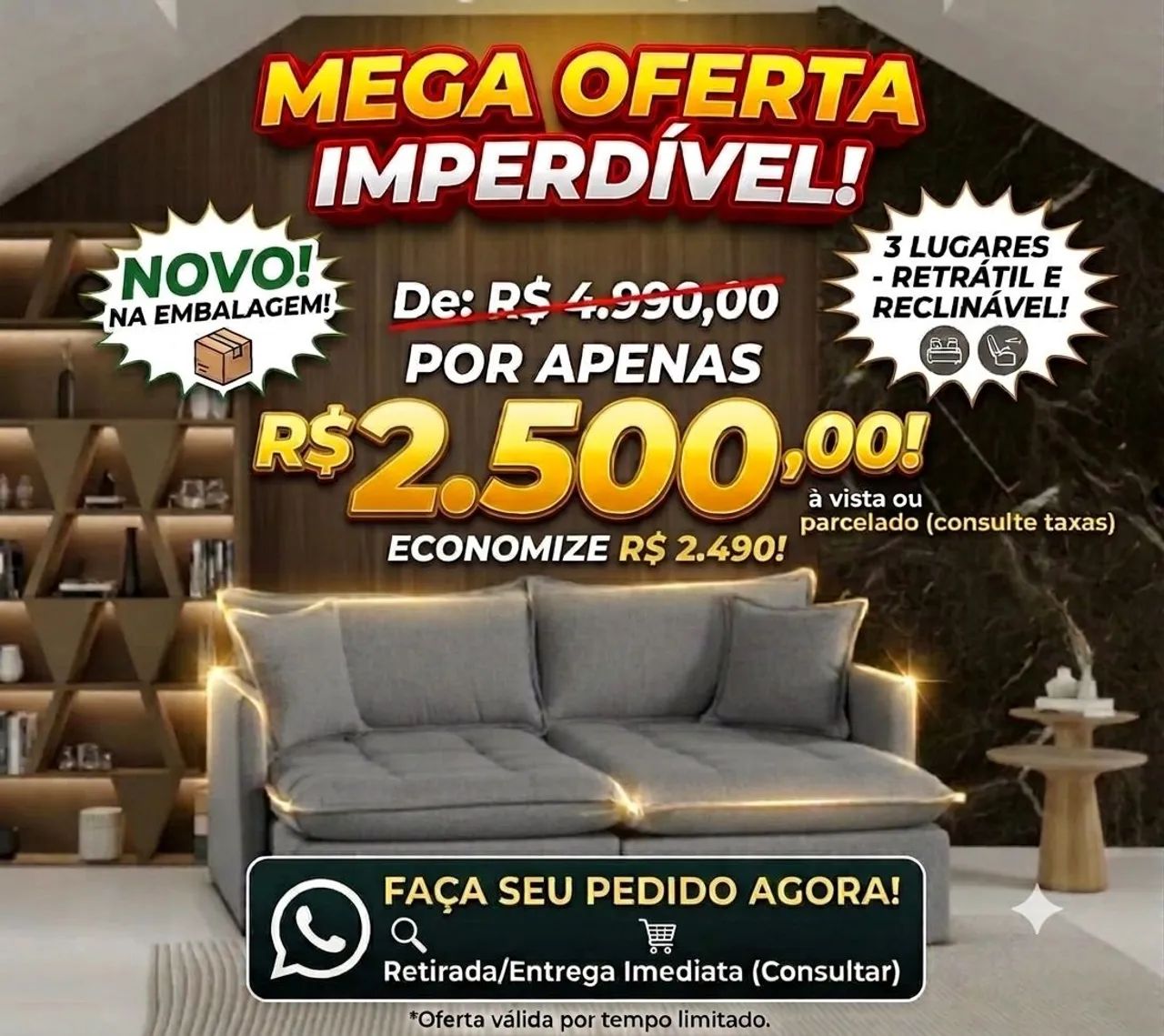 PELA METADE DO PREÇO ! Sofá Retrátil e Reclinável, 3 lugares. 