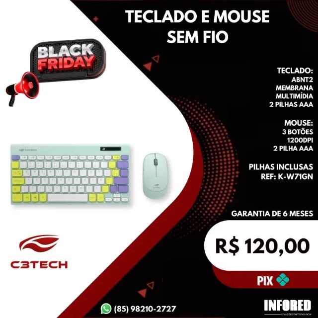 Kit Teclado e mouse sem fio C3 Tech K-W71GN
