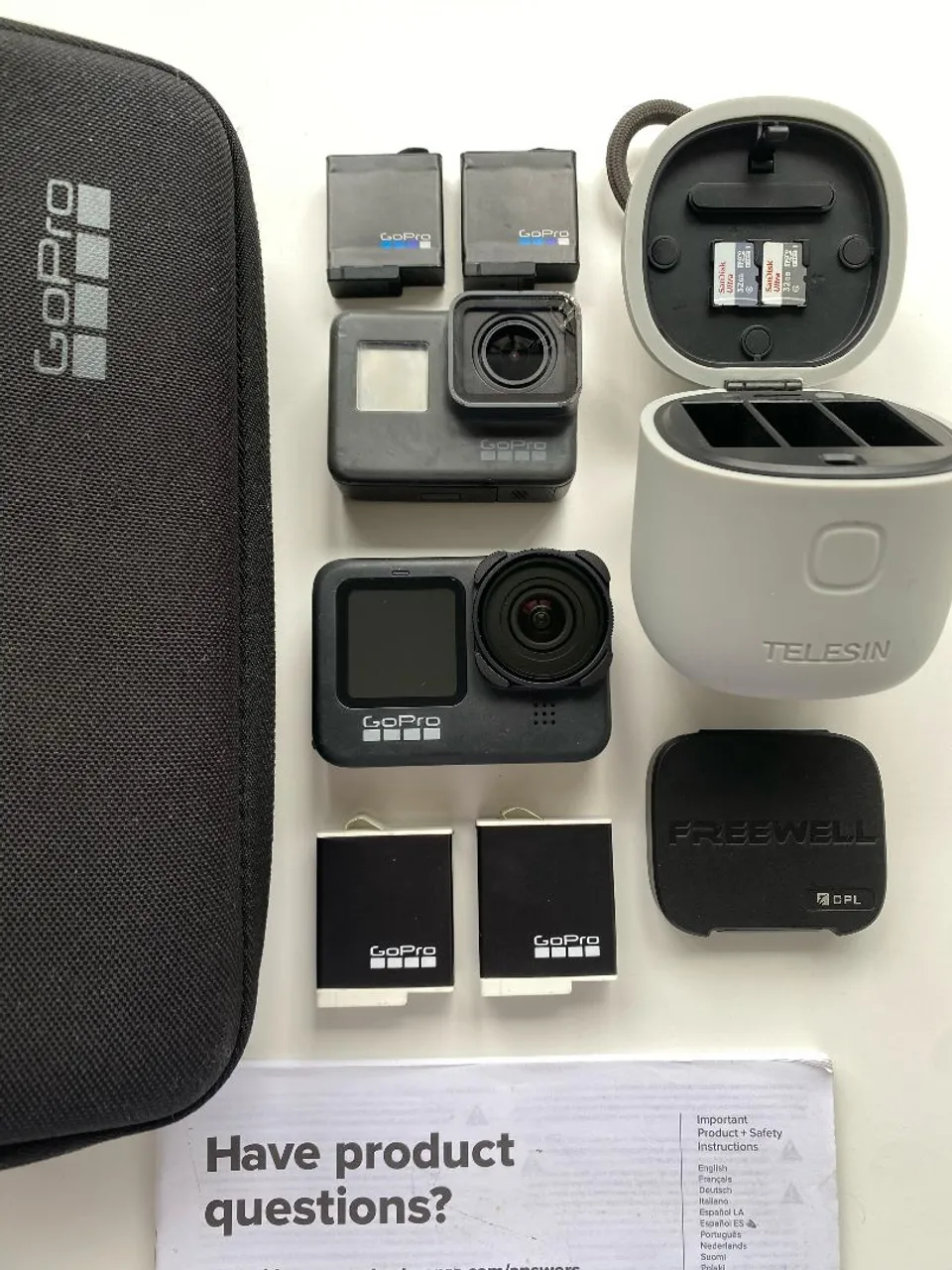 GoPro Hero 9 black + Hero 5 + 4 baterias + 2 sandisk 32gb + lente polarizada + carregador