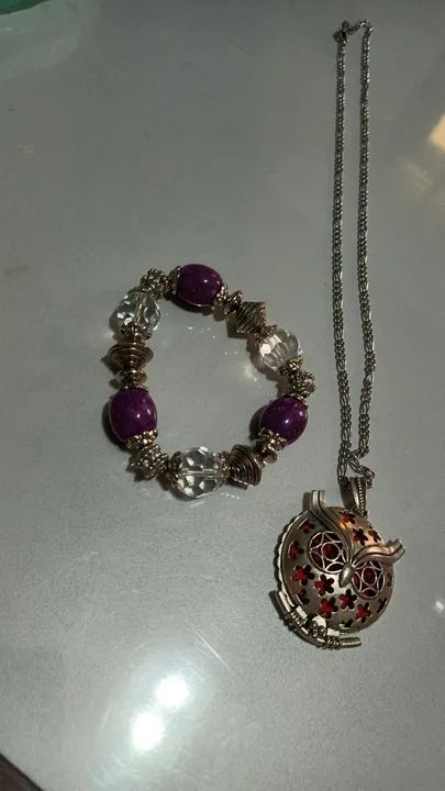 Colar aço com coruja difusor/aromaterapia+pulseira