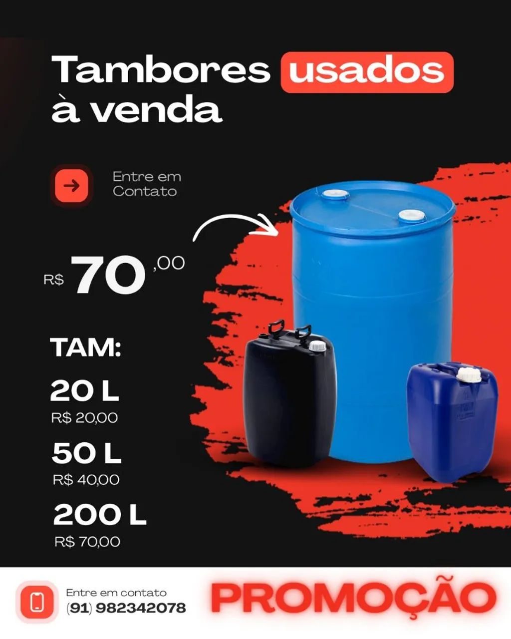 Vendo tambores de plástico de 20, 50 e 200l usado..