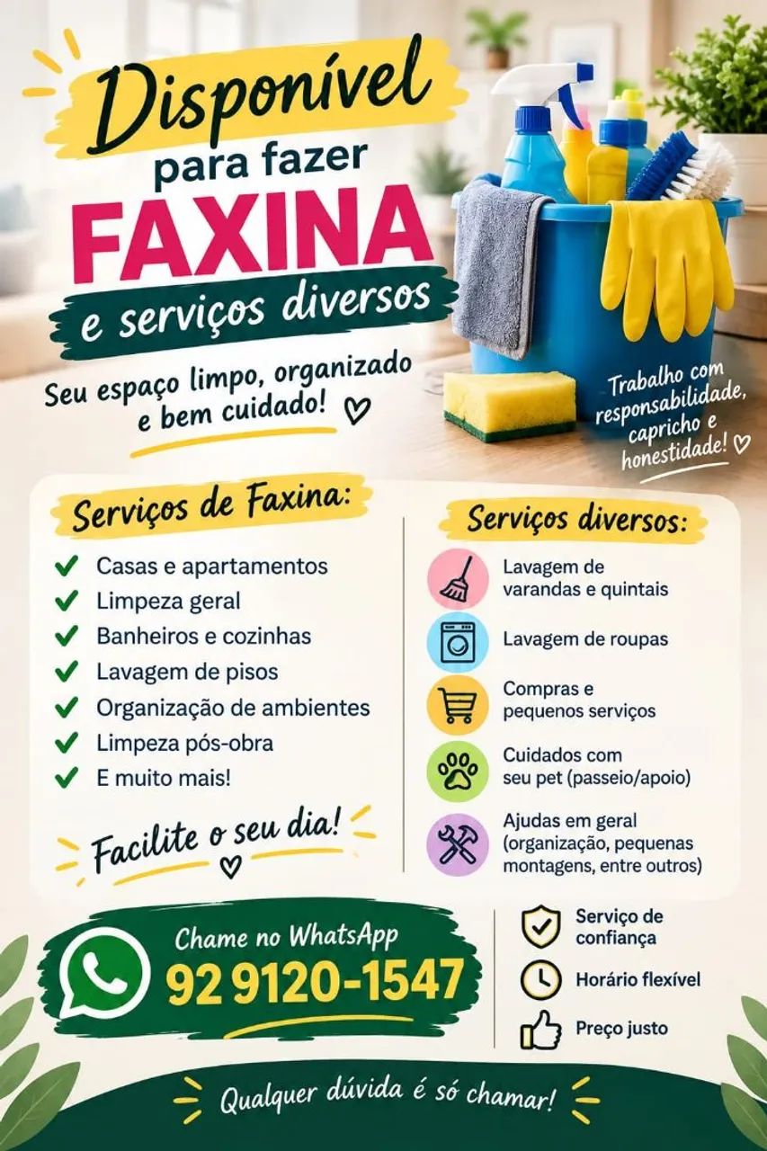 Faxineira ,cuidadora, de idoso, babá  e posso ayuda  com seu cachorro 