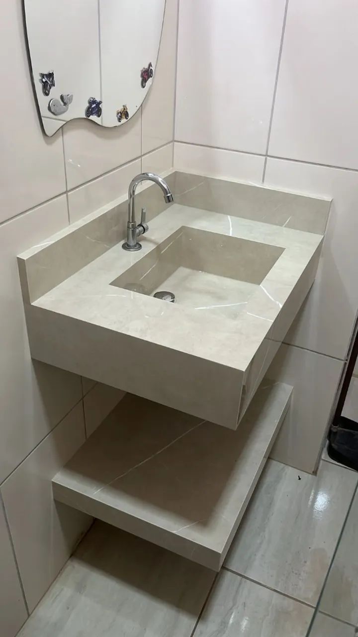 Pia esculpida em porcelanato sob medida em diversas cores