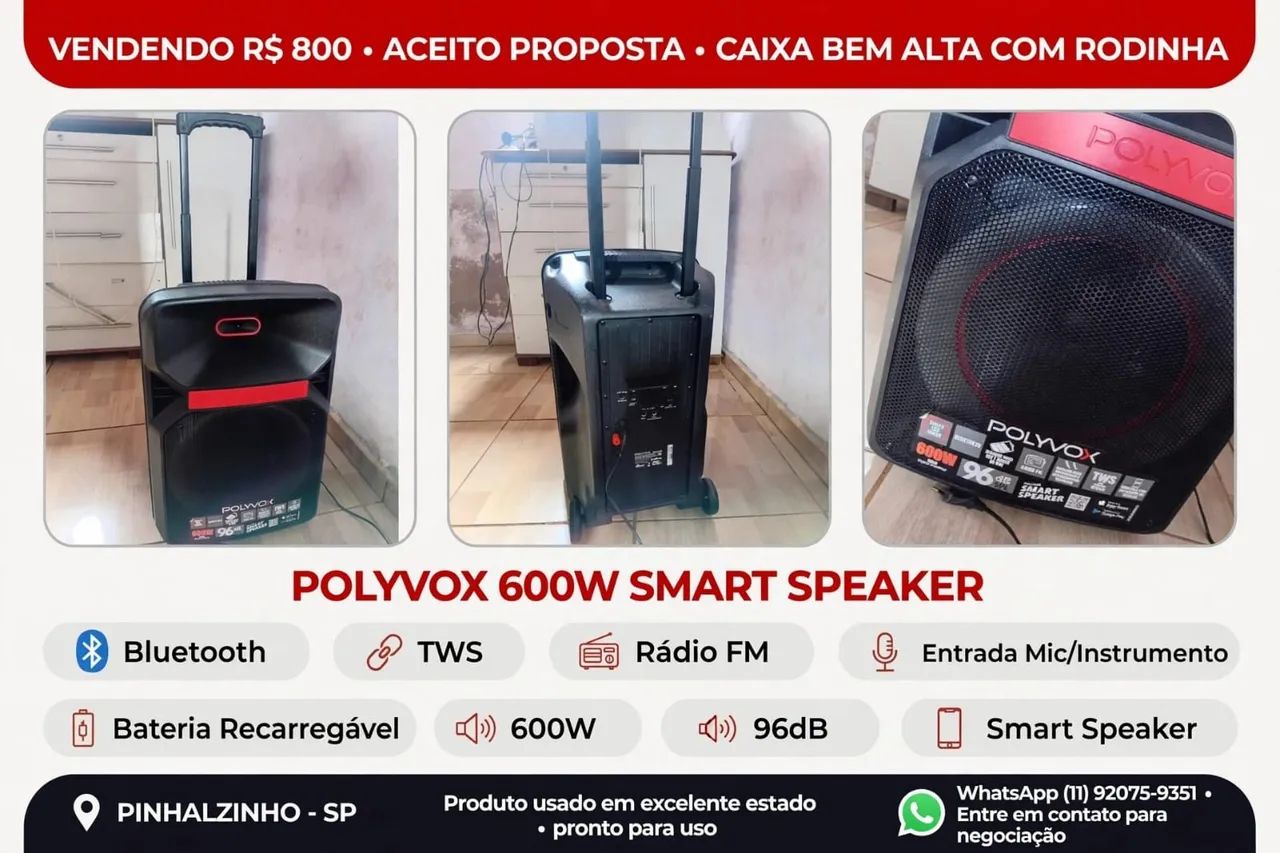 Caixa Polyvox 600W Bluetooth - Bateria e Rodinhas