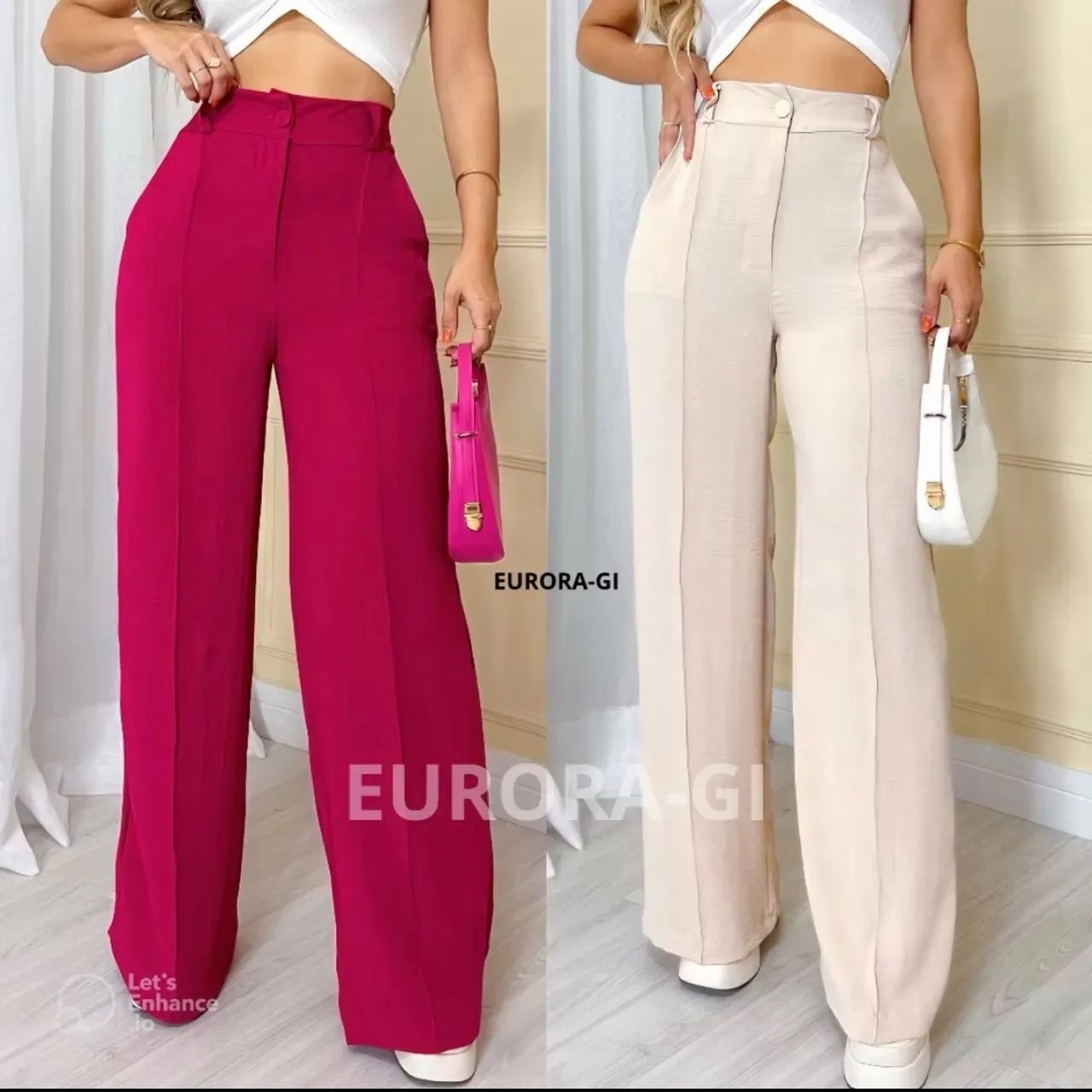Calça pantalona Rosa e Bege 