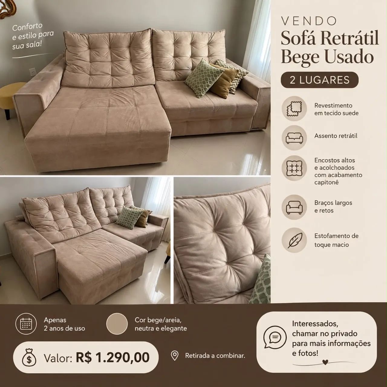 Sofa Suede Retrátil 2 lugares - Vendo - Foto 2