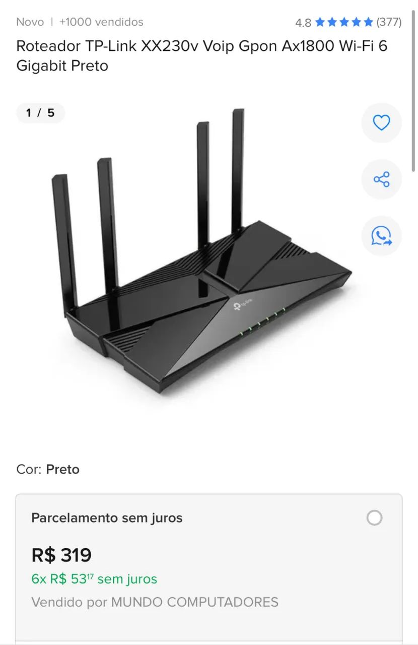 Roteador TP-Link XX230v Voip Gpon Ax1800 Wi-Fi 6 Gigabit Preto
