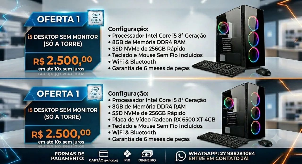 Cpu intel i5 8gb ddr4 grforce 2gb 256gb ssd teclado e mouse e wifi