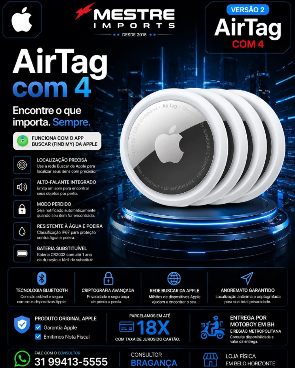 AirTag Apple Pacote com 4 Unidades Versão 2 Original