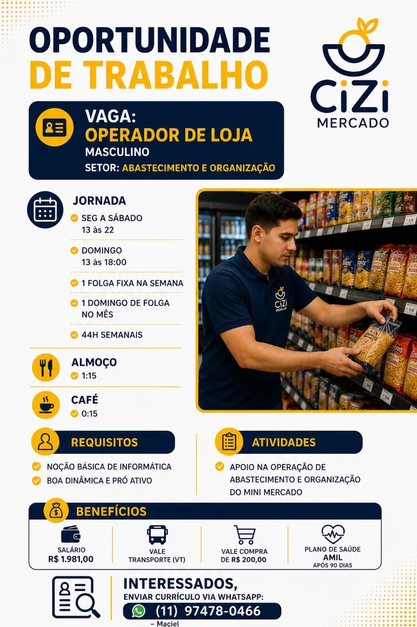 OPORTUNIDADE DE TRABALHO CIZI MERCADO