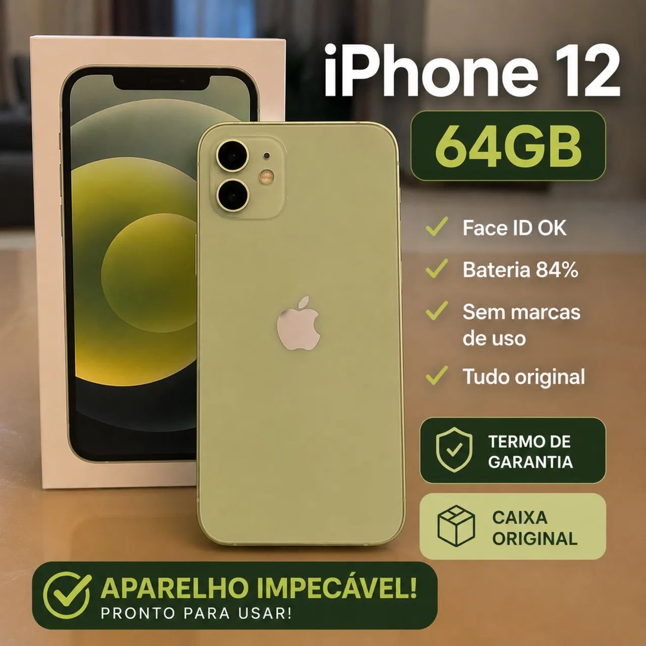 iPhone 12 64GB Verde Impecável | Caixa Original | Face ID OK