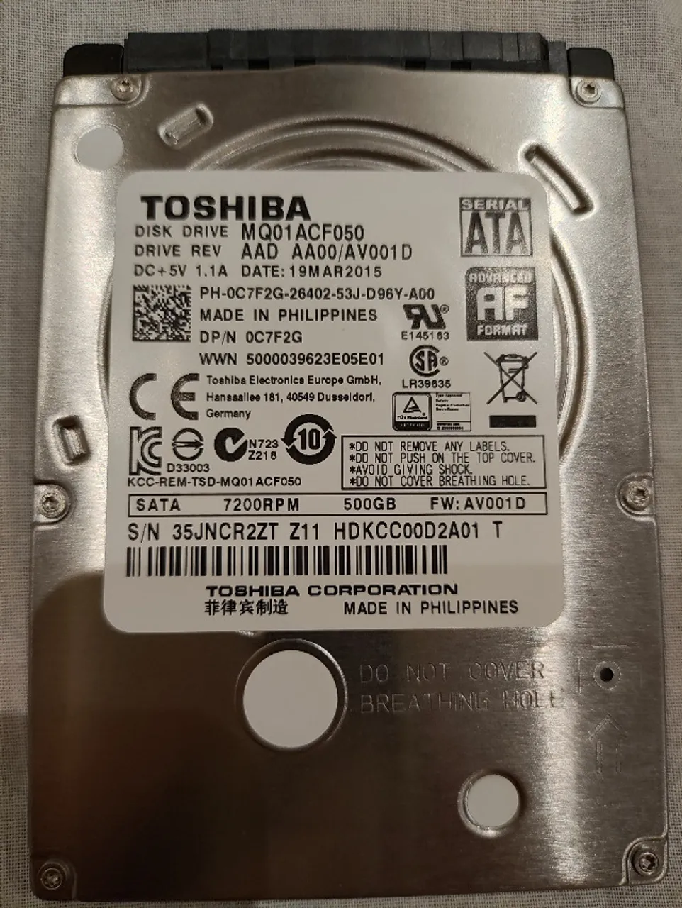 Disco Rígido Toshiba 7200rpm Mq01acf050 500gb Notebook
