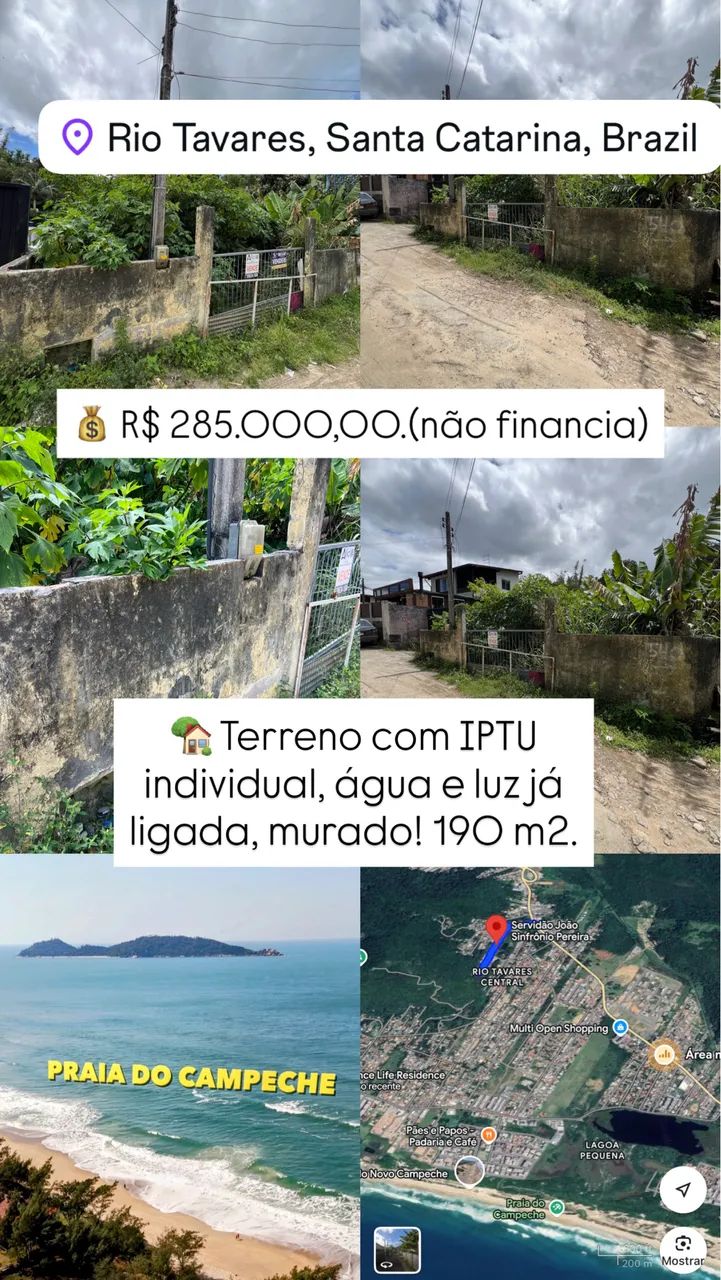 Terreno no Rio Tavares, IPTU individual, água e luz ligada.
