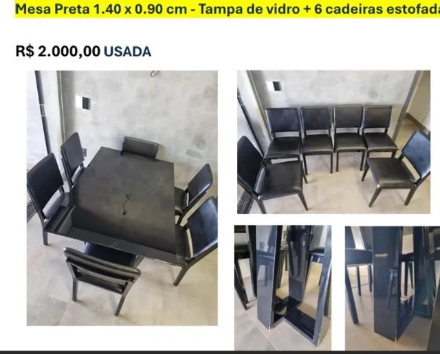 Mesa Preta tampa de vidro com 6 cadeiras estofadas