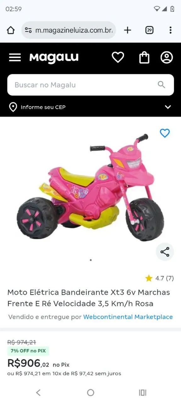 Moto elétrica infantil Feminina 