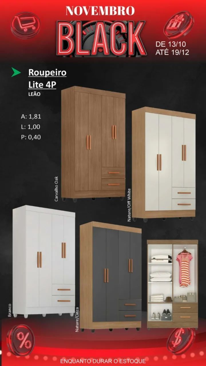 Guarda Roupa Solteiro LITE 4P 2G COM PÉS - R$ 649,00