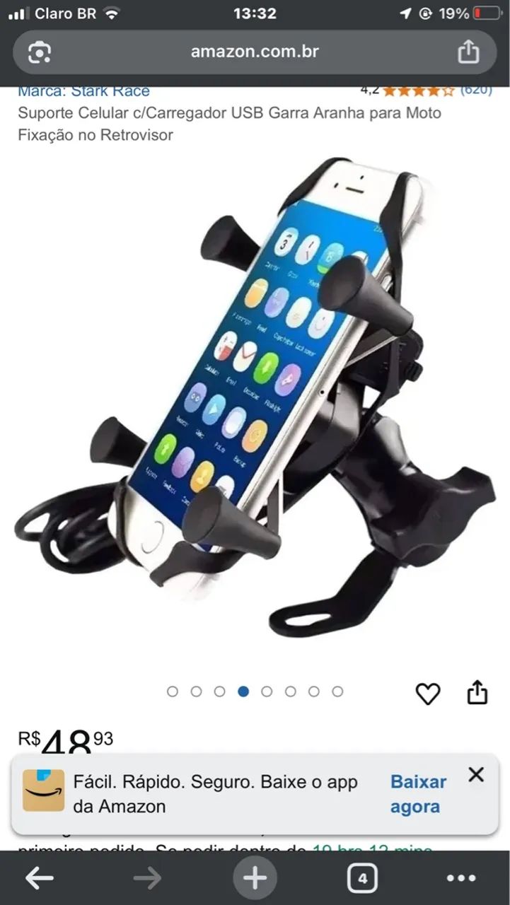 Suporte Celular c/Carregador USB Garra Aranha para Moto