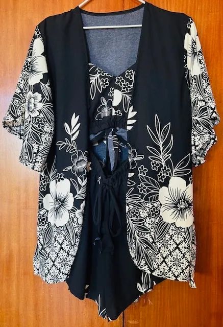 Conjunto kimono com 3 peças Floral Preto e Branco - Foto 5