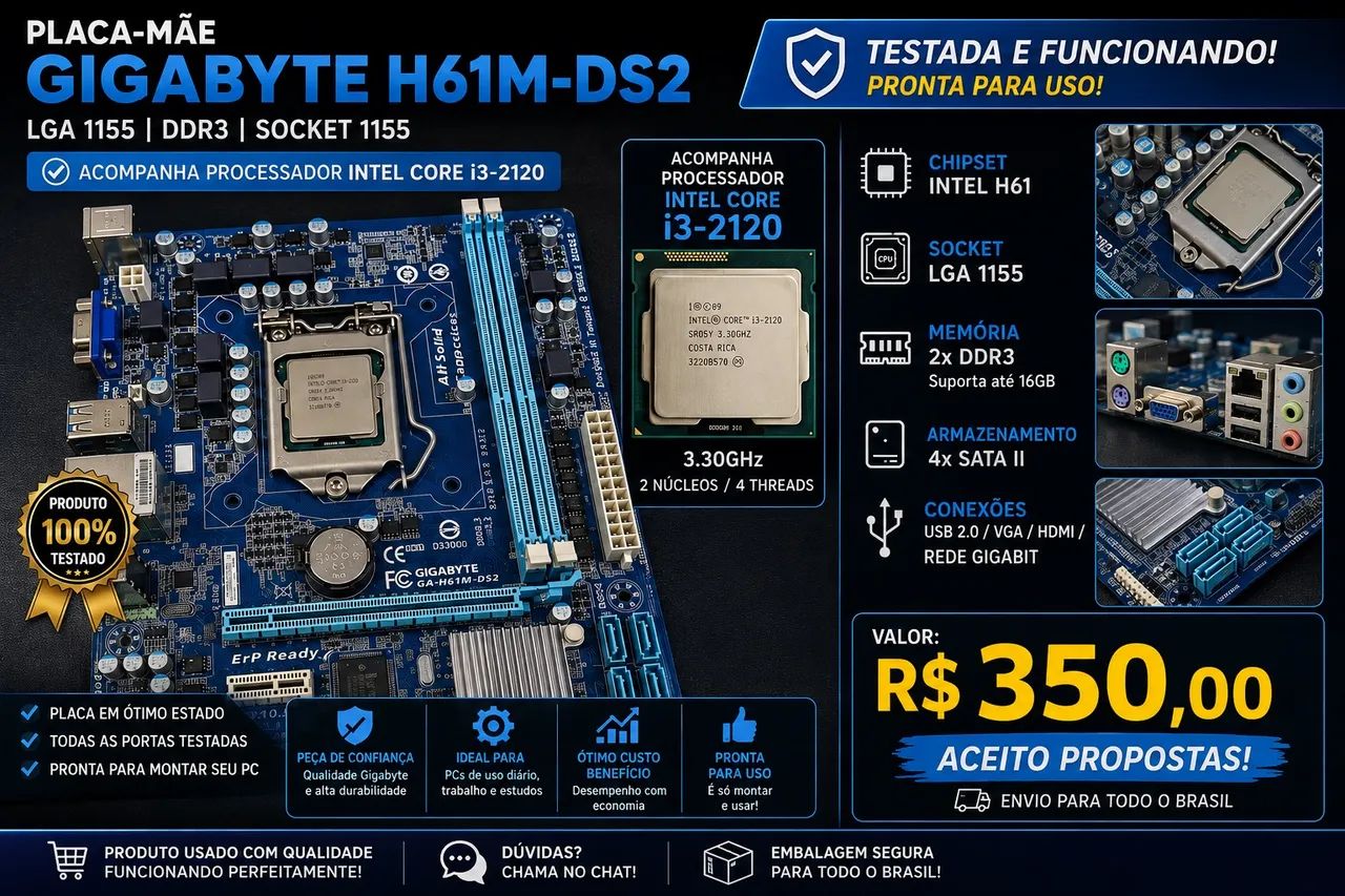 Kit Placa-mãe Gigabyte H61M-DS2 + Intel Core i3-2120 | Testado e Funcionando - Foto 2