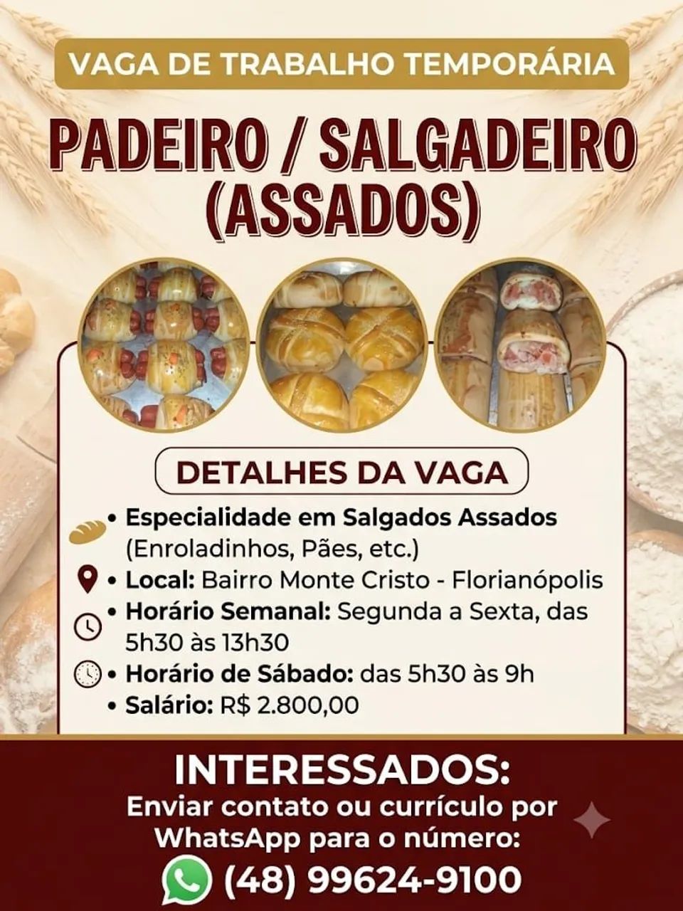 Vaga temporária para Padeiro