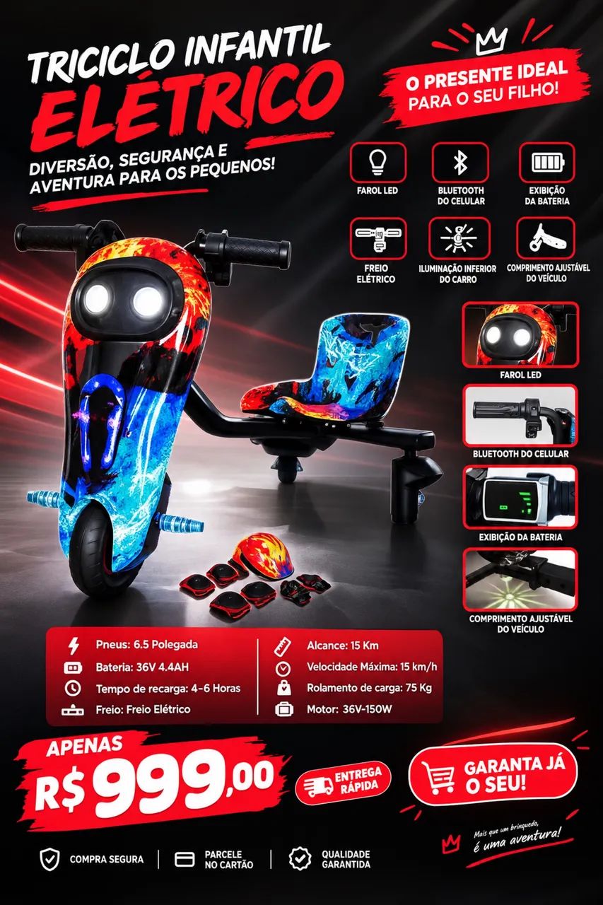 TRICICLO DRIFT INFANTIL ELÉTRICO 