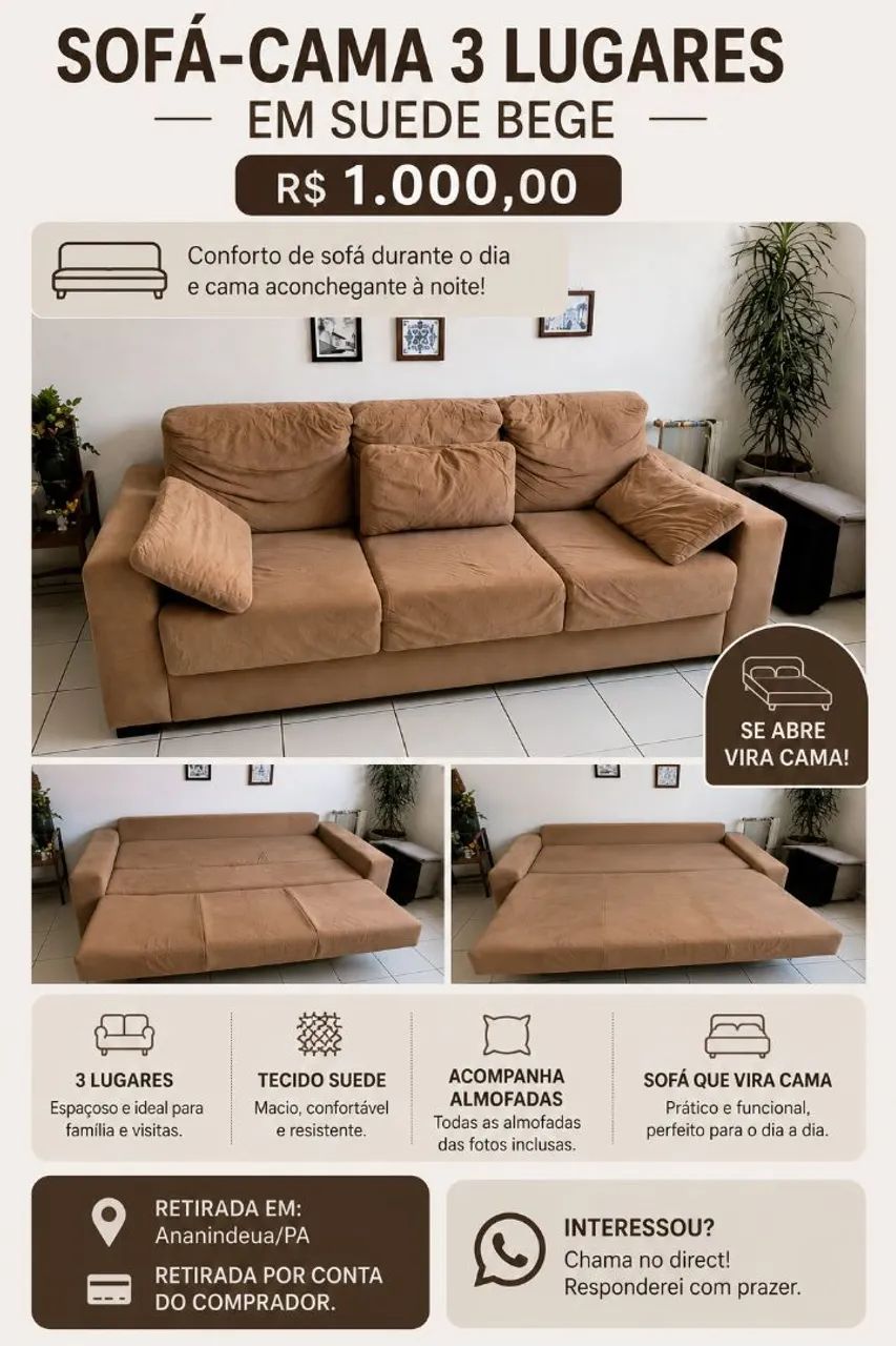 Vendo Sofá Cama de 3 Lugares em Suede Bege - Foto 4