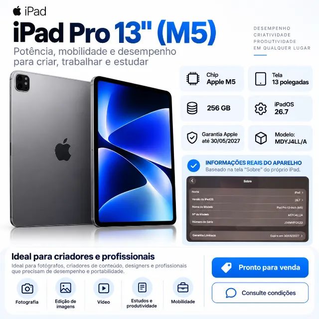 iPad Pro 13 M5 256GB - Garantia Apple até Maio/2027