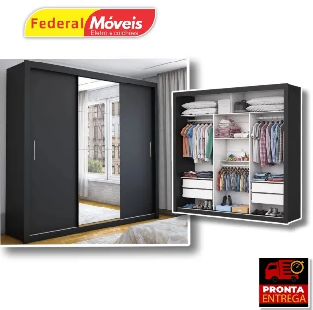 Guarda Roupas Clara 3 Portas de Correr Espelhado - Promoção - Fazemos Entrega