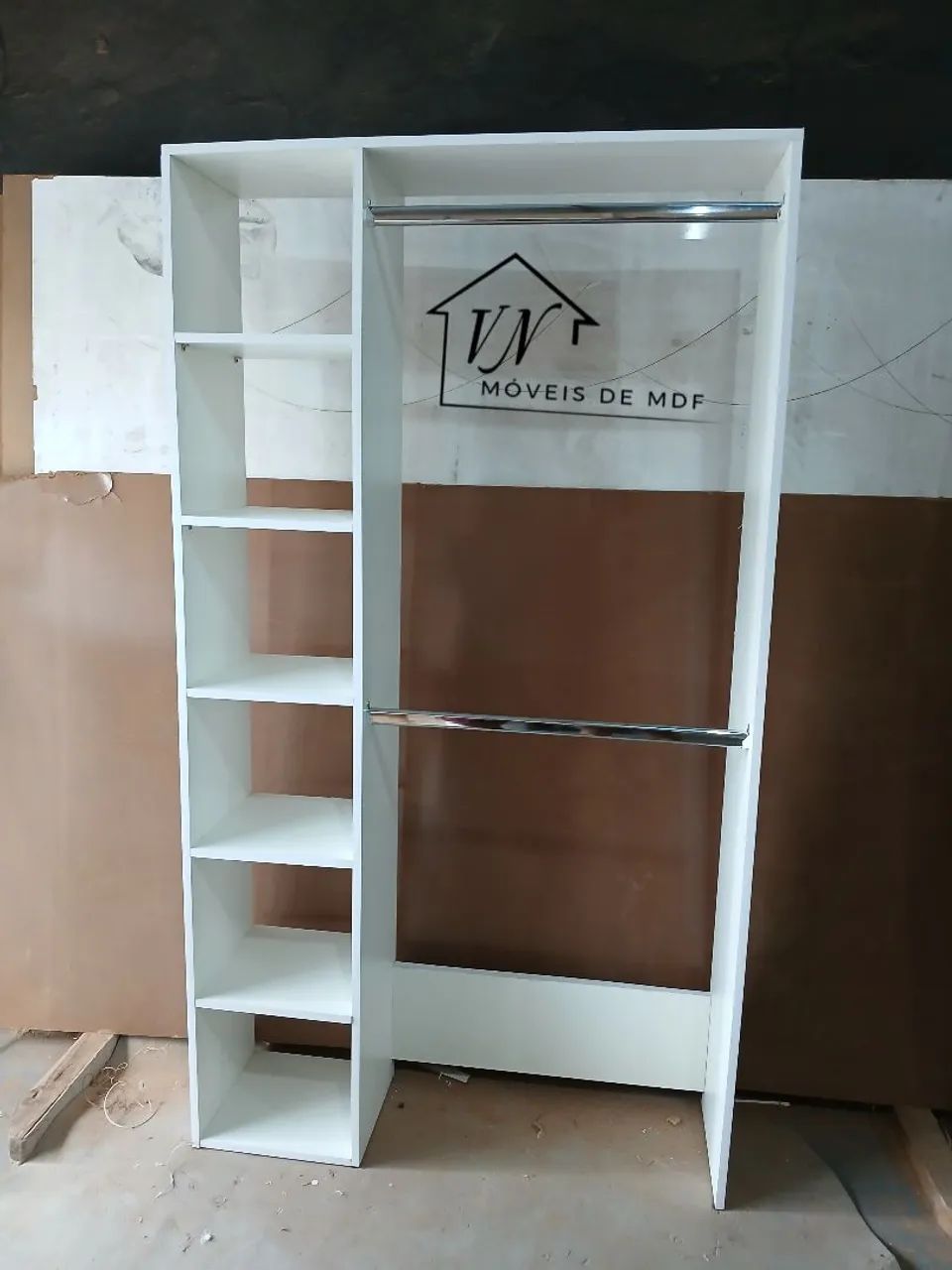 White Wardrobe/Closet with Shelves and Clothes Rod