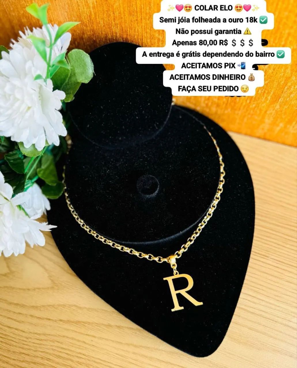 Colar Elo Semijoia Folheado a Ouro 18k com Letra R