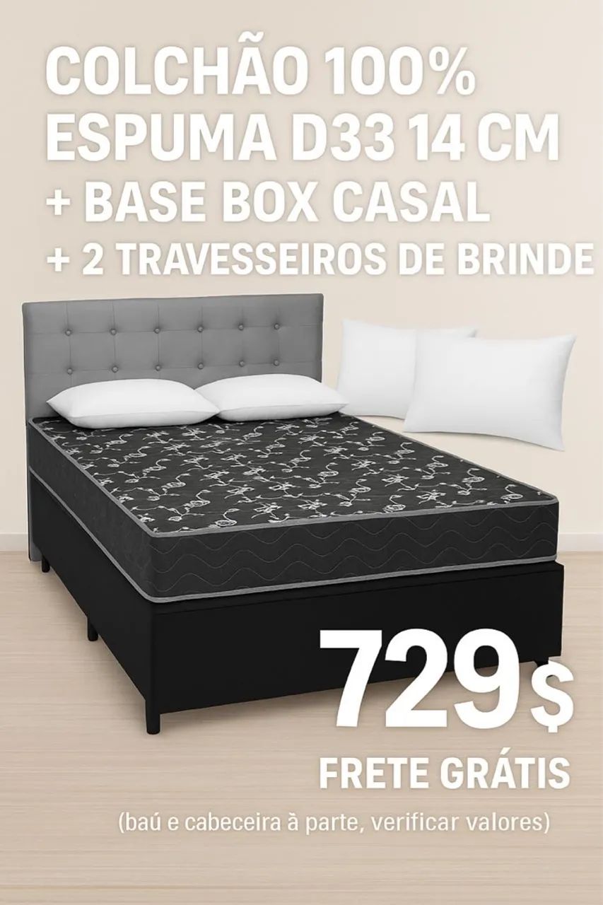 FRETE GRÁTIS  Box Casal + Colchão 100% Espuma D33 + 2 Travesseiros