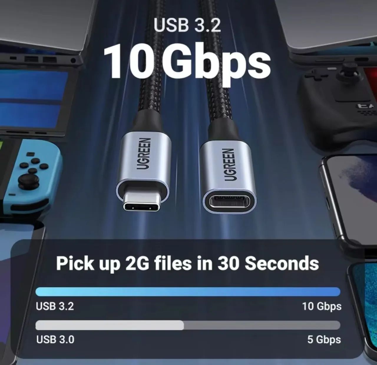 Cabo extensor USB C Ugreen 3.2 Macho para fêmea 1M - Foto 4